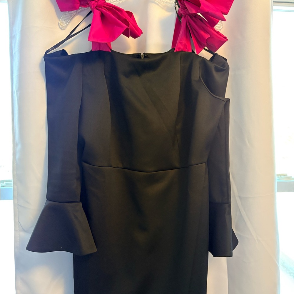 Black Cold-Shoulder Dress with Pink Bow Details